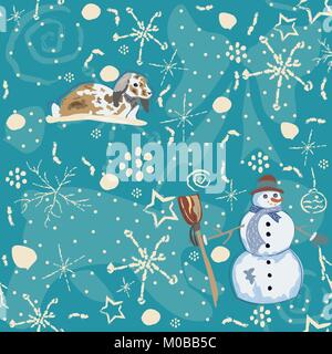 Motif d'hiver sans couture avec gribouillages, bunny et bonhomme. Vector Illustration Illustration de Vecteur