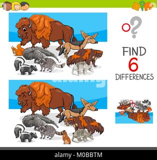 Cartoon Illustration de trouver six différences entre les photos Activité éducative Game pour enfants avec des animaux sauvages Groupe Caractères Illustration de Vecteur