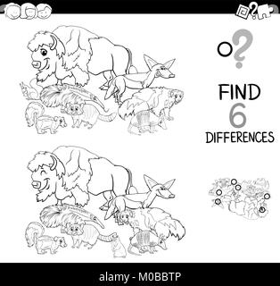 Illustration Cartoon noir et blanc de trouver six différences entre les photos Activité éducative Game pour enfants avec des animaux sauvages Groupe Caractères Illustration de Vecteur