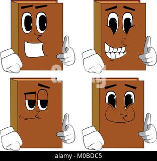 Books, pointant sur l'afficheur avec sa main. Bande dessinée collection avec des visages heureux. Vecteur d'expressions définies. Illustration de Vecteur