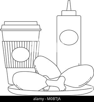 Noir et blanc poster fast food café thé frites poulet sauce. Illustration de Vecteur