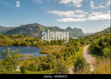 La route E10 qui traverse l'été au paysage pittoresque dans le nord de la Norvège Lofoten Banque D'Images