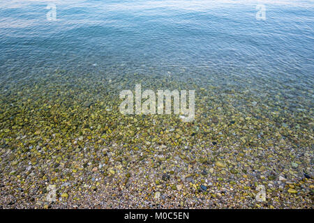 La surface de la mer et plage de gravier plein de pierres vertes dans de l'eau peu profonde Banque D'Images
