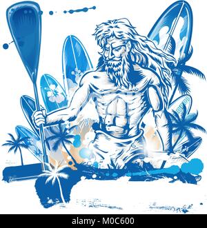 Poseidon flaque surfeur sur tirage main surfboard Illustration de Vecteur