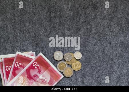 Nouveau shekel israélien billets et pièces sur fond gris.Copy Space Banque D'Images