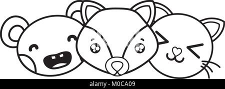 Des animaux heureux ligne amis tête Illustration de Vecteur