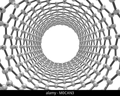 Nanotube de carbone en zigzag. Structure moléculaire. Connectés en atomes enveloppé maille hexagonale. Vue avant avec la perspective isolé sur fond blanc. 3 Banque D'Images