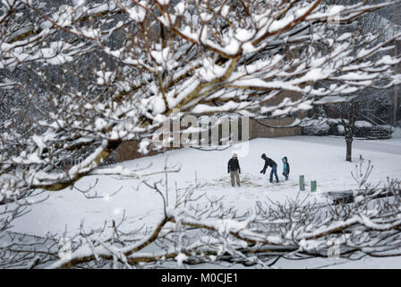 Enfants jouant sur un rare jour de neige dans la région métropolitaine d'Atlanta, Géorgie. (USA) Banque D'Images