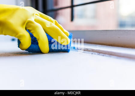 Gants jaune part nettoyer la poussière, saleté sur rebord de fenêtre avec une éponge bleue par appartement en milieu urbain dans la ville de New York NYC Banque D'Images