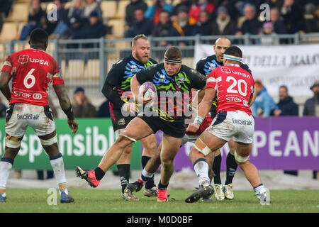 Parme, Italie. 20 Jan, 2018. Zebre's flanker Giovanni Licata porte le ballon dans le match contre Agen en Challenge Cup 2017/18 incident enregistrées. Credit : Massimiliano Carnabuci/Alamy Live News Banque D'Images