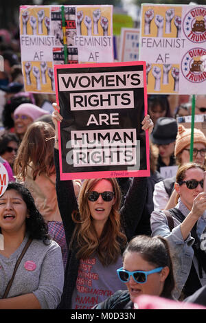 Signes que Texas hold manifestants femmes et hommes assister à un meeting de protestation à la Texas Capitol à Austin sur le premier anniversaire de la Marche des femmes sur l'État de Washington et un an après l'investiture du président Donald Trump. Banque D'Images