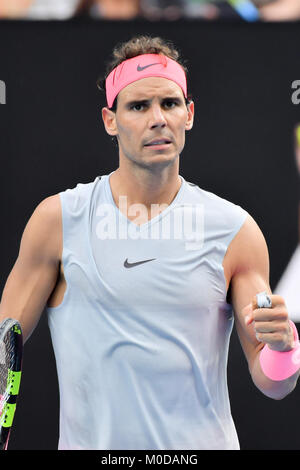 21 janvier 2018 : 1ère Rafael Nadal de semences de l'Espagne en action contre des semences 24 Diego Schwartzman de l'Argentine dans un match de 4ème tour jour 7 de l'Australian Open 2018 Tournoi de tennis du Grand Chelem à Melbourne, Australie. Bas Sydney/Cal Sport Media Credit : Cal Sport Media/Alamy Live News Banque D'Images