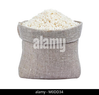 Les grains de riz long grain blanc en sac de toile Photo Stock - Alamy