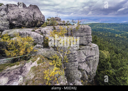 Vew de Szczeliniec Wielki, le plus haut sommet des montagnes Stolowe (Montagnes de Table), une partie de la gamme des Sudètes en Pologne Banque D'Images