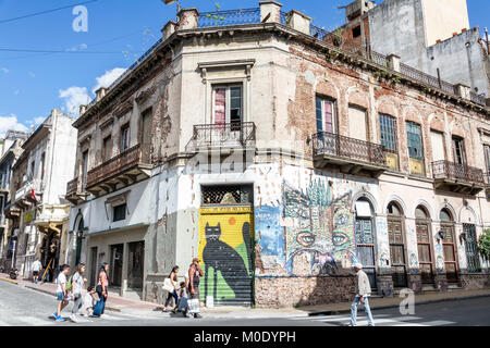 Buenos Aires Argentina,San Telmo,centre historique,bâtiment,délabré,murale,art de rue,graffiti,coin,piéton,chat noir,hispanique ARG171119334 Banque D'Images