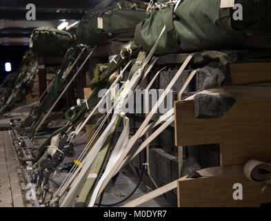 Palettes de fret lourd, pesant jusqu'à 3 400 livres, sont emballés avec du bois de caoutchouc à la 773d de l'Escadron de préparation logistique mobilité combat flight at Joint Base Elmendorf-Richardson, Alaska, le 18 janvier 2018. Lorsqu'il est appelé, le PACAF C-130 Hercules et C-17 Globemaster III les palettes d'airdrop, la livraison des fournitures essentielles à guerriers vers le bas, ainsi que de fournir un soutien aux missions de sauvetage en Alaska. (U.S. Air Force Banque D'Images