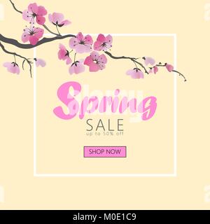 Aquarelle vecteur sakura en fleurs, au printemps vente Modèle de page. Fleur branche rose affiche promotionnelle web shop en ligne contexte saisonnier de style japonais, illustration design Illustration de Vecteur