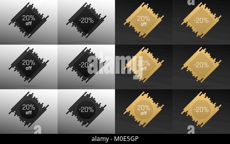 Vente de création bannière avec 20 % de rabais. Offre de prix sur l'arrière-plan composé de barres avec noir métallique et de couleur or. Collection de vecteur Illustration de Vecteur
