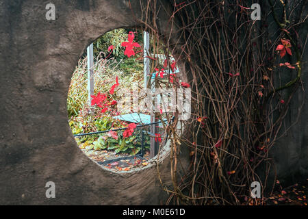 Trou rond dans le mur avec une vue jusqu'à l'automne jardin avec des vignes à l'intérieur Banque D'Images