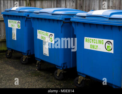 Trois bacs de recyclage bleus wheelie debout dans une ligne Banque D'Images