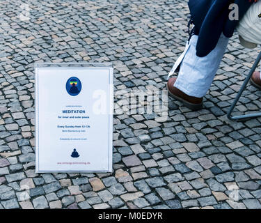 Allemagne, Berlin. 21 janvier 2018. 2 Chaque dimanche Mariananda met en place un cercle d'oreillers bleu avec un centre floral mandala sur la Pariser Platz et invite les gens à méditer pour la paix en tant que touristes et les manifestants de leurs affaires. Credit : Eden Breitz/Alamy Live News Banque D'Images