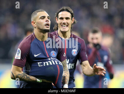 Lyon. Jan 21, 2018. Layvin Kurzawa de Paris Saint-Germain célèbre un but pendant le match entre Paris Saint-Germain et Lyon de Ligue 1 saison 2017-2018 22ème tour à Lyon, France le 21 janvier 2018. Lyon a gagné 2-1. Crédit : Olivier Farin/Xinhua/Alamy Live News Banque D'Images