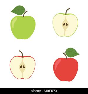 Ensemble de vecteur lumineux et colorés de la moitié de l'ensemble de la pomme juteuse. Dessin animé frais pommes sur fond blanc. Illustration de Vecteur