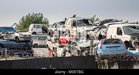 Carcasses de voitures dans breaker's Yard, silex, Flintshire, Pays de Galles, Royaume-Uni Banque D'Images