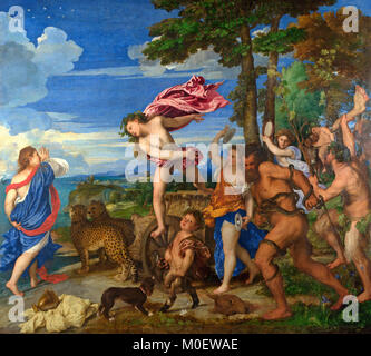 Bacchus et Ariane - Titian - circa 1490 Thésée, dont le navire est illustré dans la distance, vient de quitter Ariadne à Naxos, lors de l'arrivée de Bacchus, sautant de son char, tiré par deux guépards tomber immédiatement amoureux d'Ariane. Bacchus leva au ciel. Sa constellation est illustré dans le ciel. Banque D'Images