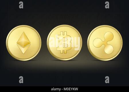 Pièce monnaie crypto vecteur réaliste icon set. Bitcoin, Etherium, ondulation. Blockchain la technologie. Gros plan sur fond sombre. Modèle de conception pour les graphiques Illustration de Vecteur