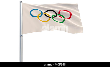 Illustration 3D Jeux Olympiques de drapeau sur un mât voltigeant dans le vent sur un fond blanc, 3D Rendering Banque D'Images