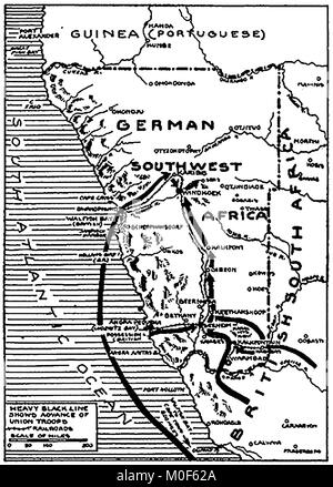 La PREMIÈRE GUERRE MONDIALE - UN 1917 Carte montrant l'activité militaire dans l'1914-1918 Première Guerre mondiale - l'Afrique du Sud-ouest et sa conquête par les troupes de l'Union sous le général Botha. Campagne d'Afrique de l'Est Banque D'Images