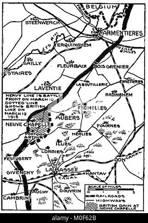 La PREMIÈRE GUERRE MONDIALE - UN 1917 Carte montrant l'activité militaire dans la Première Guerre mondiale 1914-1918 - LA PREMIÈRE GUERRE MONDIALE La carte bataille à Neuve Chapelle 1915 et lignes britanniques en mars 1915 Banque D'Images