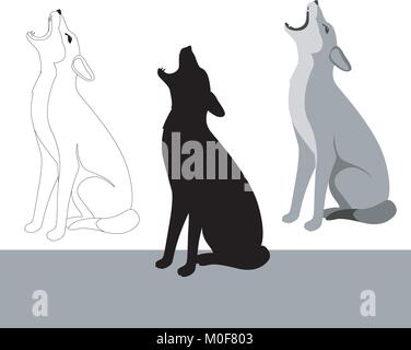 Wolf yuong plat à l'illustration vectorielle, silhouette noire dessin Illustration de Vecteur