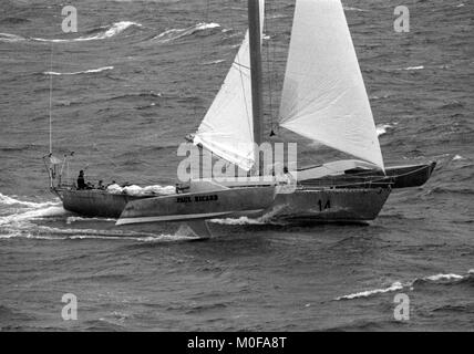 AJAXNETPHOTO.Novembre 1982. ST.MALO, FRANCE. - ROUTE DU RHUM - TRIMARAN À FOILS PAUL RICARD SKIPPÉ PAR ERIC TABARLY SE DIRIGE VERS L'OUEST VERS LE BAS CANAL APRÈS LE DÉPART. PHOTO:JONATHAN EASTLAND/AJAX REF:821007 24008  Banque D'Images