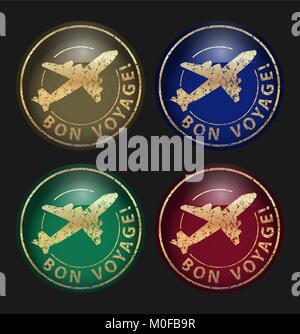 Ensemble de quatre icônes bon voyage aspect brillant or grunge vector illustration sur un bouton noir pour la conception ou d'autres Illustration de Vecteur