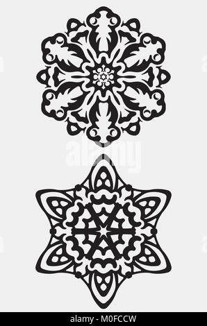 Ensemble de 2 abstract vector black round lace design en ligne mono mandalas - style ethnique, éléments décoratifs. Illustration de Vecteur