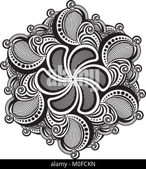 Élément décoratif asymétrique ronde dentelle - style zentangle en mandala. Vecteur stylisé fleur pour concevoir ou tatouage. Illustration de Vecteur