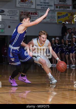 Action de basket-ball avec double vs Enterprise High School à Redding en Californie. Banque D'Images