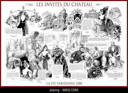 Magazine satirique français La vie Parisienne 1888, page centrale : les invités du chateau - château réduite, humour, caricatures, portraits Banque D'Images