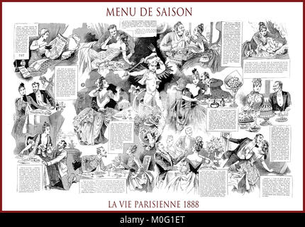 Magazine satirique français La vie Parisienne 1888, page centrale:menu de saison - menu de saison. L'humour, caricatures, portraits Banque D'Images