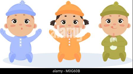 Cute vector set de trois bébés souriant. Triplés bébé assis dans footies chiffon et caps. Nouveau-né fille avec duvet et deux garçons. Vector illustratio Illustration de Vecteur