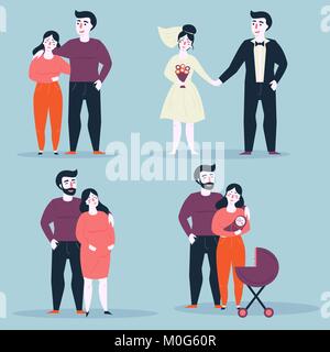 Étapes ou phases de vie de famille heureuse. Le vieillissement. À partir de la petite amie et petit ami au mariage, le mari, la femme et la grossesse. Diverses situations de relationshi Illustration de Vecteur