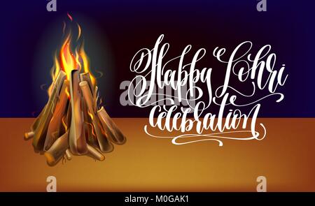 Heureux lohri part célébration lettrage design avec feu brûler réaliste avec du bois pour des vacances d'hiver indien, vector illustration Illustration de Vecteur