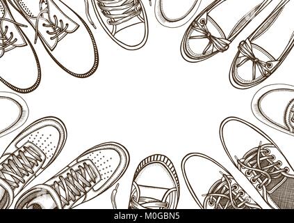 Arrière-plan de beaucoup de sport chaussures alignées dans un cercle avec de l'espace libre pour le texte, l'illustration vectorielle, dessinée à la main sur un fond blanc, dans un style croquis Illustration de Vecteur