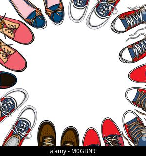 Arrière-plan de beaucoup de sport chaussures alignées dans un cercle avec de l'espace libre pour le texte, l'illustration vectorielle, dessinée à la main sur un fond blanc, dans un style croquis Illustration de Vecteur