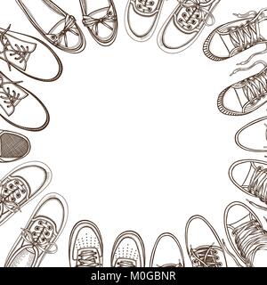 Arrière-plan de beaucoup de sport chaussures alignées dans un cercle avec de l'espace libre pour le texte, l'illustration vectorielle, dessinée à la main sur un fond blanc, dans un style croquis Illustration de Vecteur