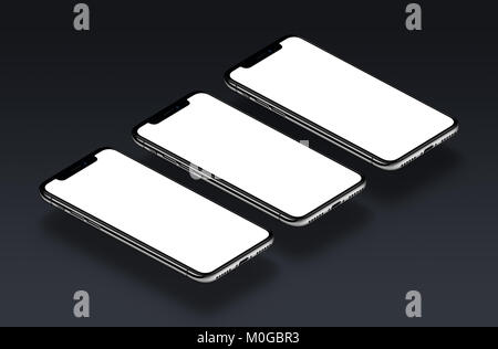 Vue perspective similaire à l'iPhone smartphones X immersive. Plusieurs smartphones isométrique immersive avec blanc écran vide. Banque D'Images