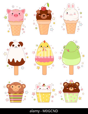 Vector set de glace en forme d'animaux. Vanille, chocolat, citron, fraise. Dans le style kawaii avec sourire et joues roses. Poulet, singe, rabb Banque D'Images