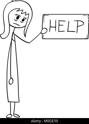 Dessin animé conceptuel de déprimé Businesswoman With Help Sign Illustration de Vecteur